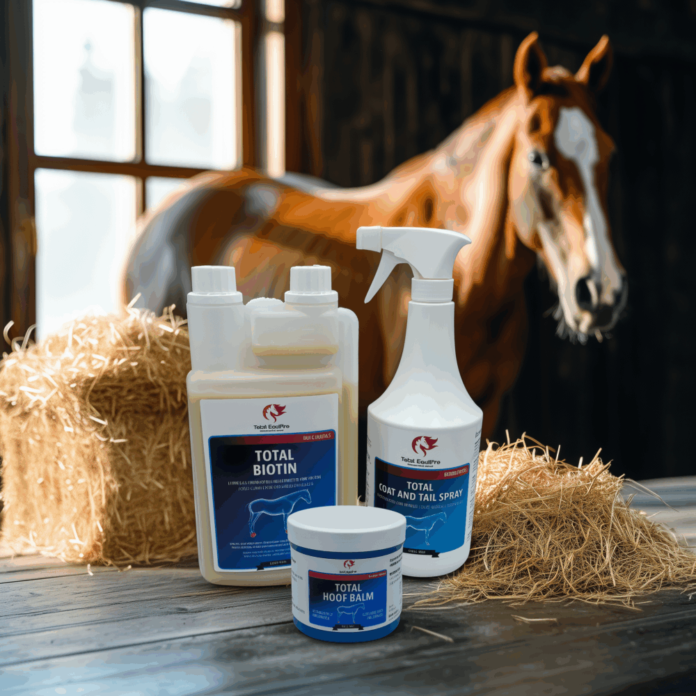 Pflege-Set für Pferde im Sommer mit TOTAL Biotin, Coat & Tail Spray und Hoof Balm – für glänzendes Fell, gesunde Haut und gepflegte Hufe