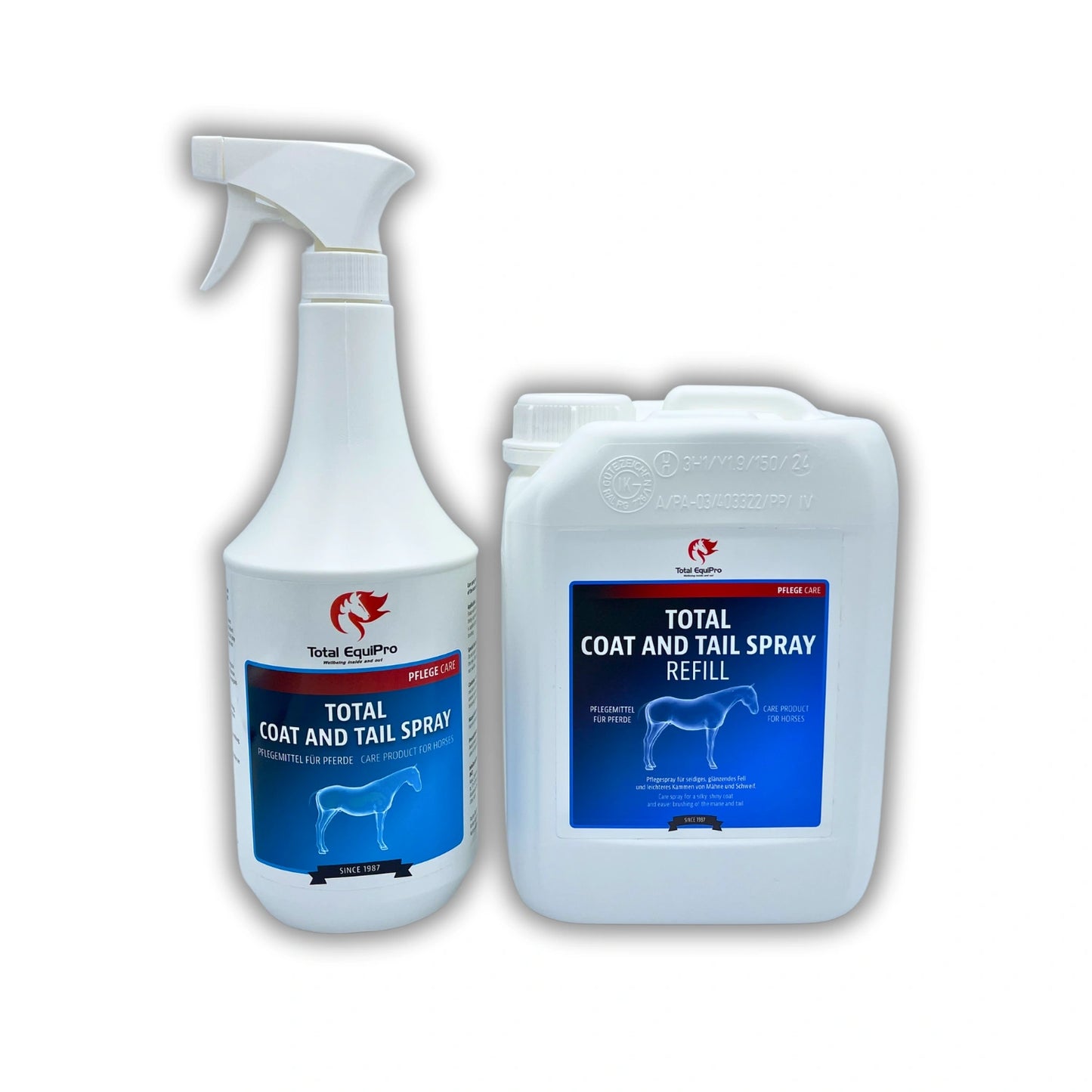 TOTAL Coat & Tail Spray – 1 L Spray und 2,5 L Nachfüllkanister für tägliche Schweif- und Fellpflege bei Pferden