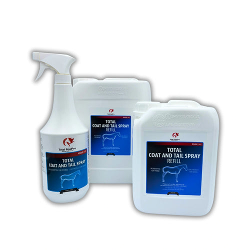 TOTAL Coat & Tail Spray – Größenübersicht mit 1 L Sprühflasche, 2,5 L und 5 L Kanistern zur gezielten Fell-, Schweif- und Mähnenpflege bei Pferden – ideal für Einsteiger bis Vielnutzer