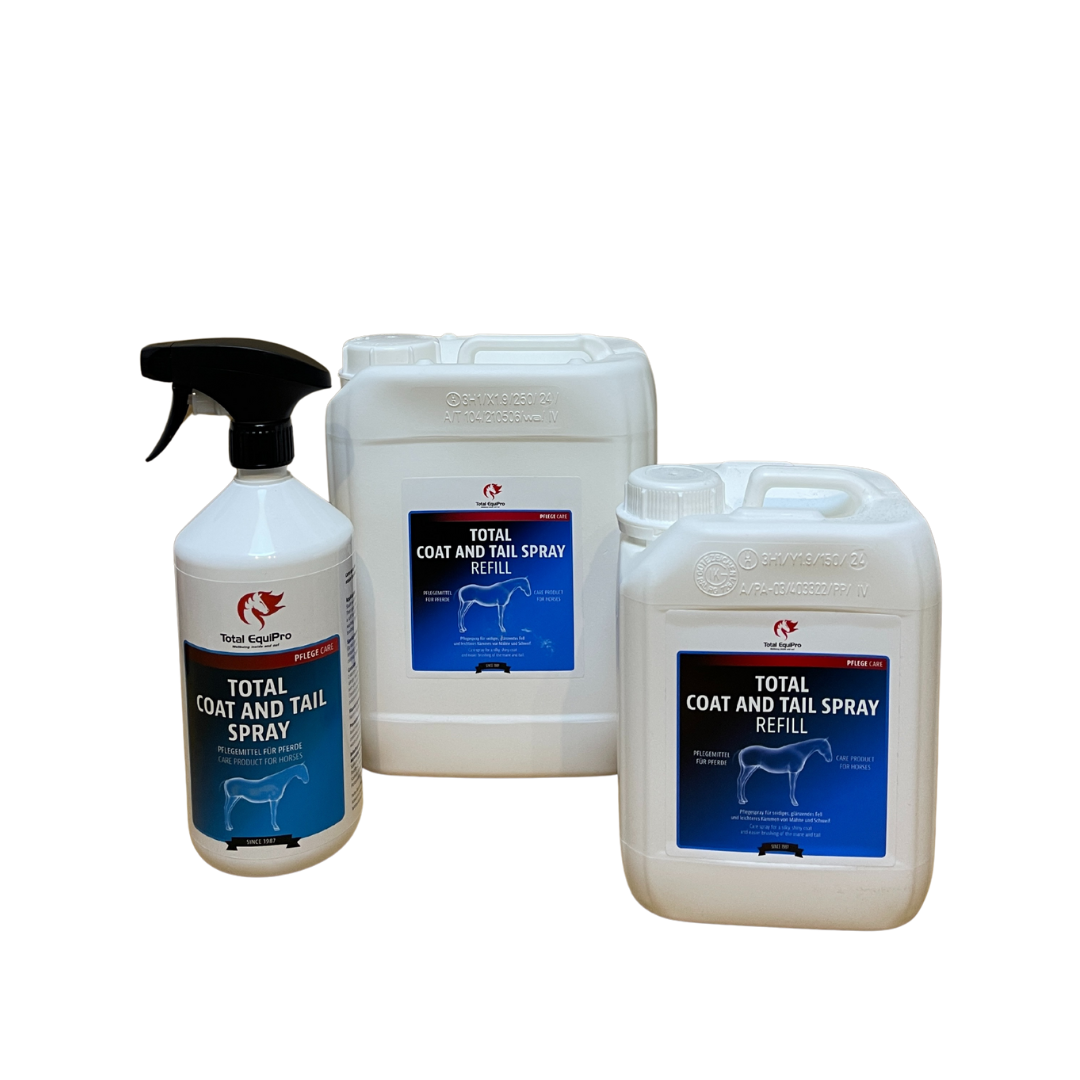 TOTAL Coat & Tail Spray – Größenübersicht mit 1 L Sprühflasche, 2,5 L und 5 L Kanistern zur gezielten Fell-, Schweif- und Mähnenpflege bei Pferden – ideal für Einsteiger bis Vielnutzer