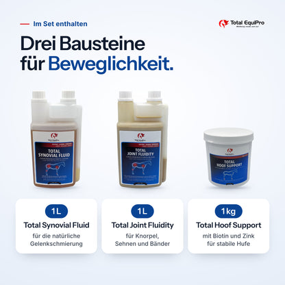 Included in the set: Total Synovial Fluid 1 L, Total Joint Fluidity 1 L, Total Hoof Support 1 kg