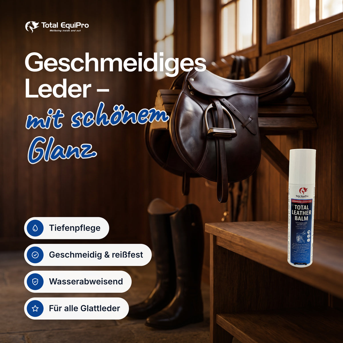 Total Leather Balm in the stable – supple leather – with a beautiful shine.