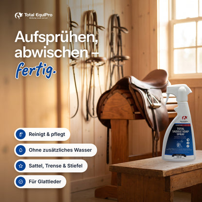 Total Saddle Soap Spray in the stable – spray on, wipe off – done.