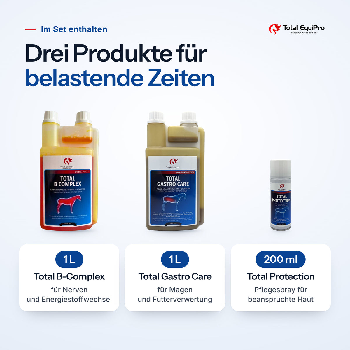 Included in the set: Total B-Complex 1 L, Total Gastro Care 1 L, Total Protection 200 ml