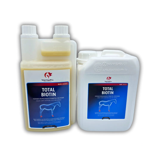 TOTAL Biotin – Kombination aus 1 L Flasche und 2,5 L Kanister zur Unterstützung von Hufwachstum und Fellglanz bei Pferden – ideal für Vielnutzer oder zum Nachfüllen