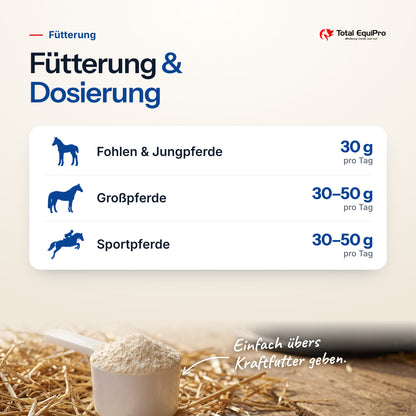 Total Bones – daily amount: foals & young horses 30 g, large horses 30–50 g, sport horses 30–50 g