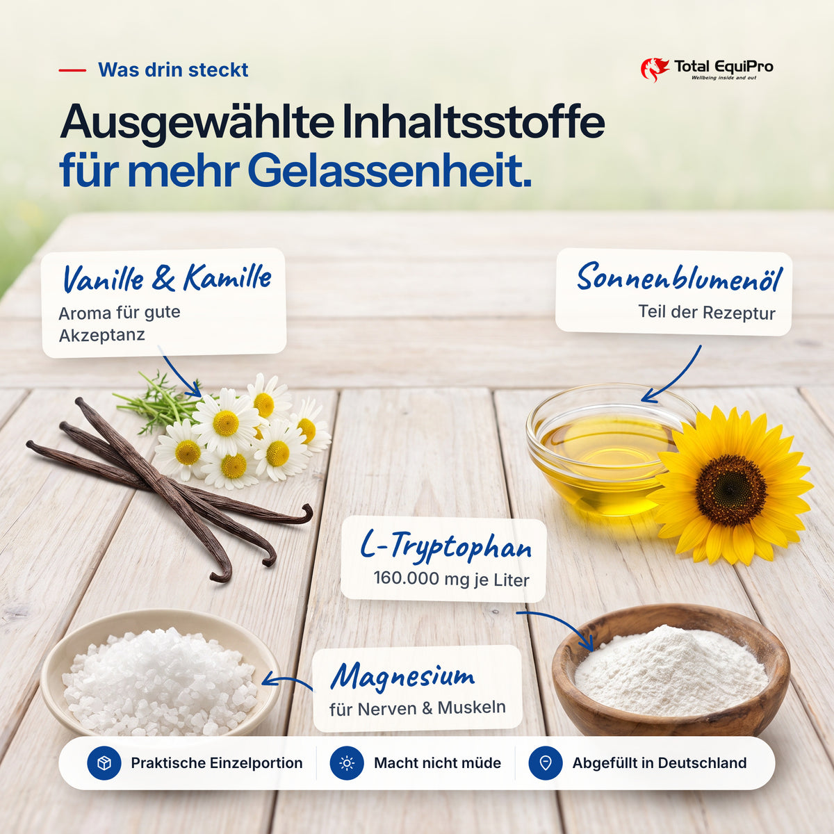 Total Easy Relax Booster – ingredients: vanilla & chamomile, sunflower oil, L-tryptophan, magnesium