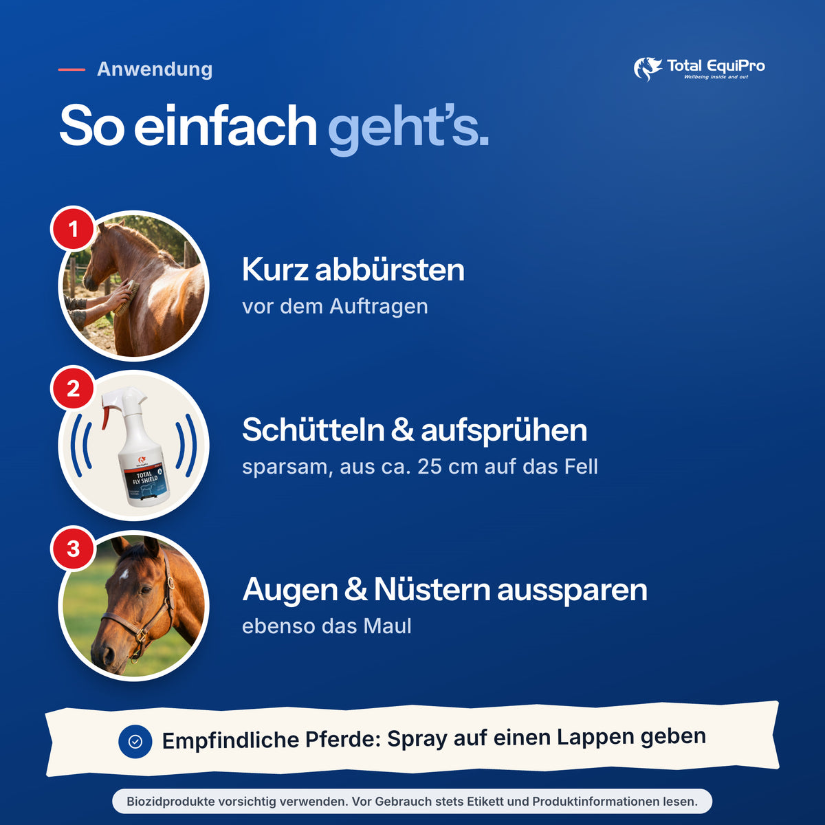 Total Fly Shield – Anwendung: Kurz abbürsten, Schütteln & aufsprühen, Augen & Nüstern aussparen