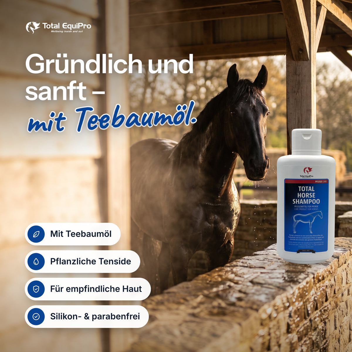 Total Horse Shampoo in the stable – thorough and gentle – with tea tree oil.