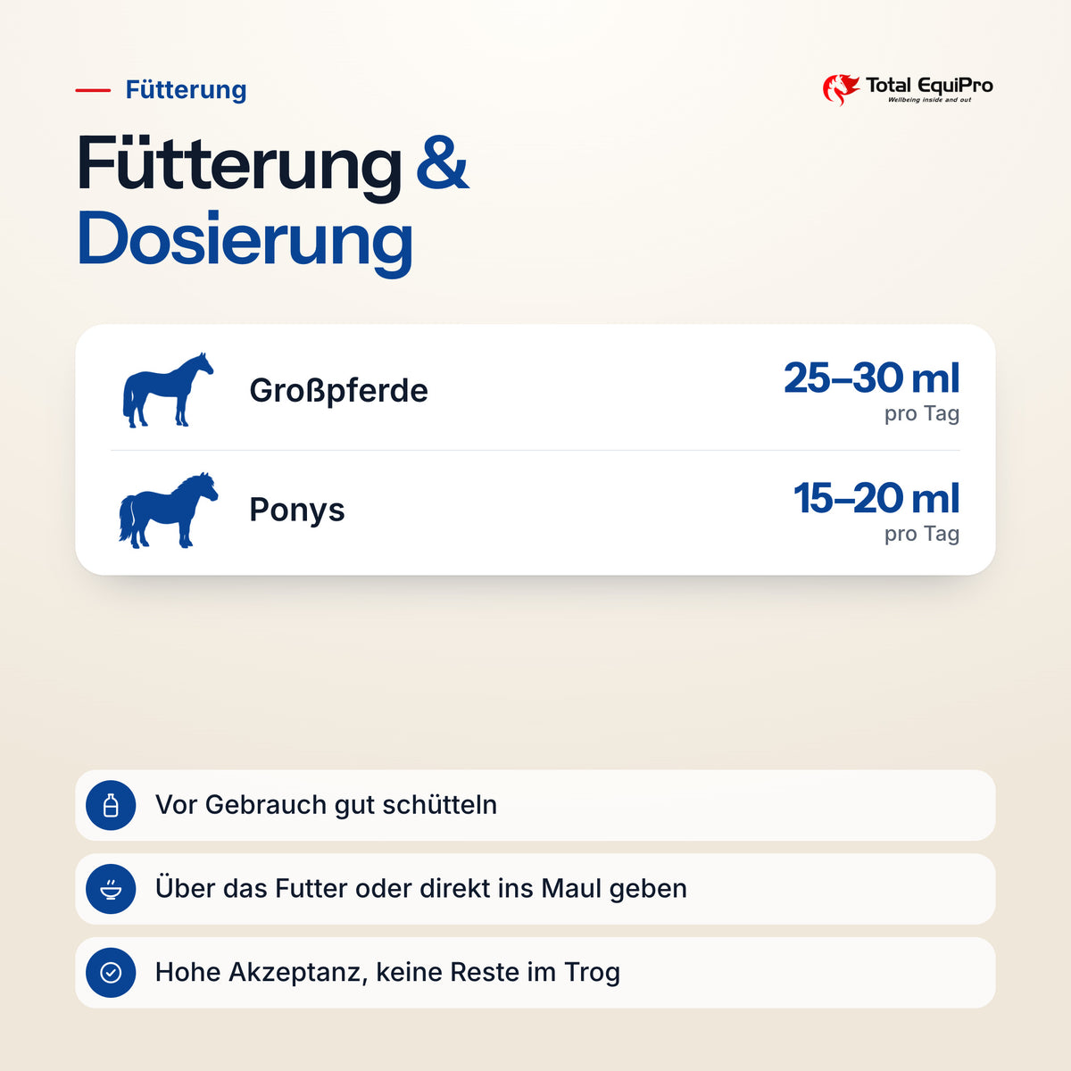 Total Joint Fluidity – daily amount: large horses 25–30 ml, ponies 15–20 ml
