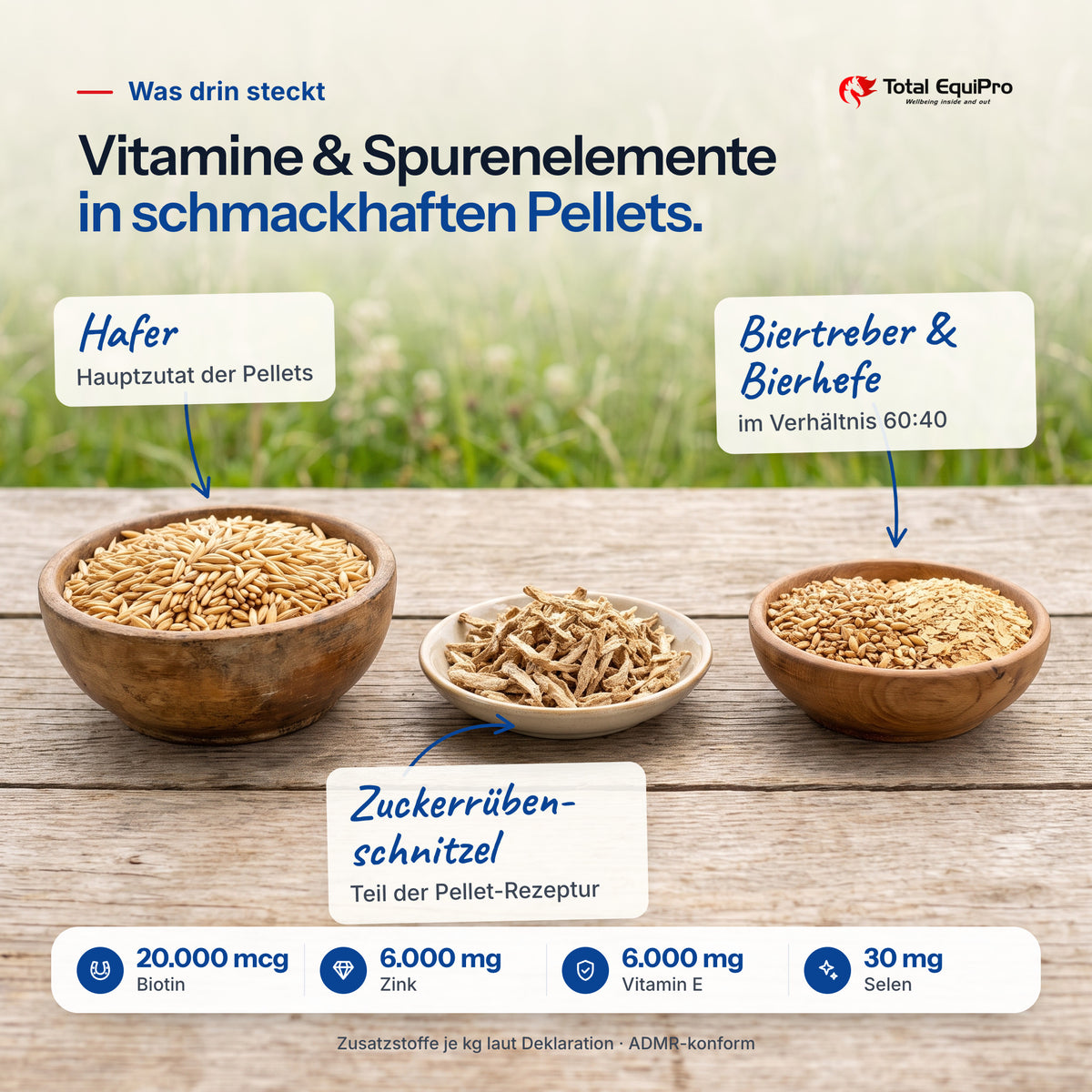 Total Mineral Plus – ingredients: oats, brewer’s grains & brewer’s yeast, sugar beet pulp