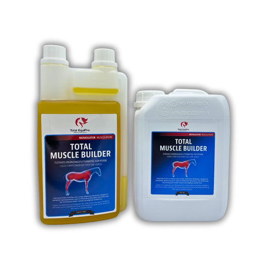 TOTAL Muscle Builder Bundle mit 1 L Flasche und 2,5 L Kanister – flüssiges Ergänzungsfutter mit Reiskeimöl, HMB und Vitamin E zur Förderung des Muskelaufbaus bei Pferden im Training oder nach Krankheit