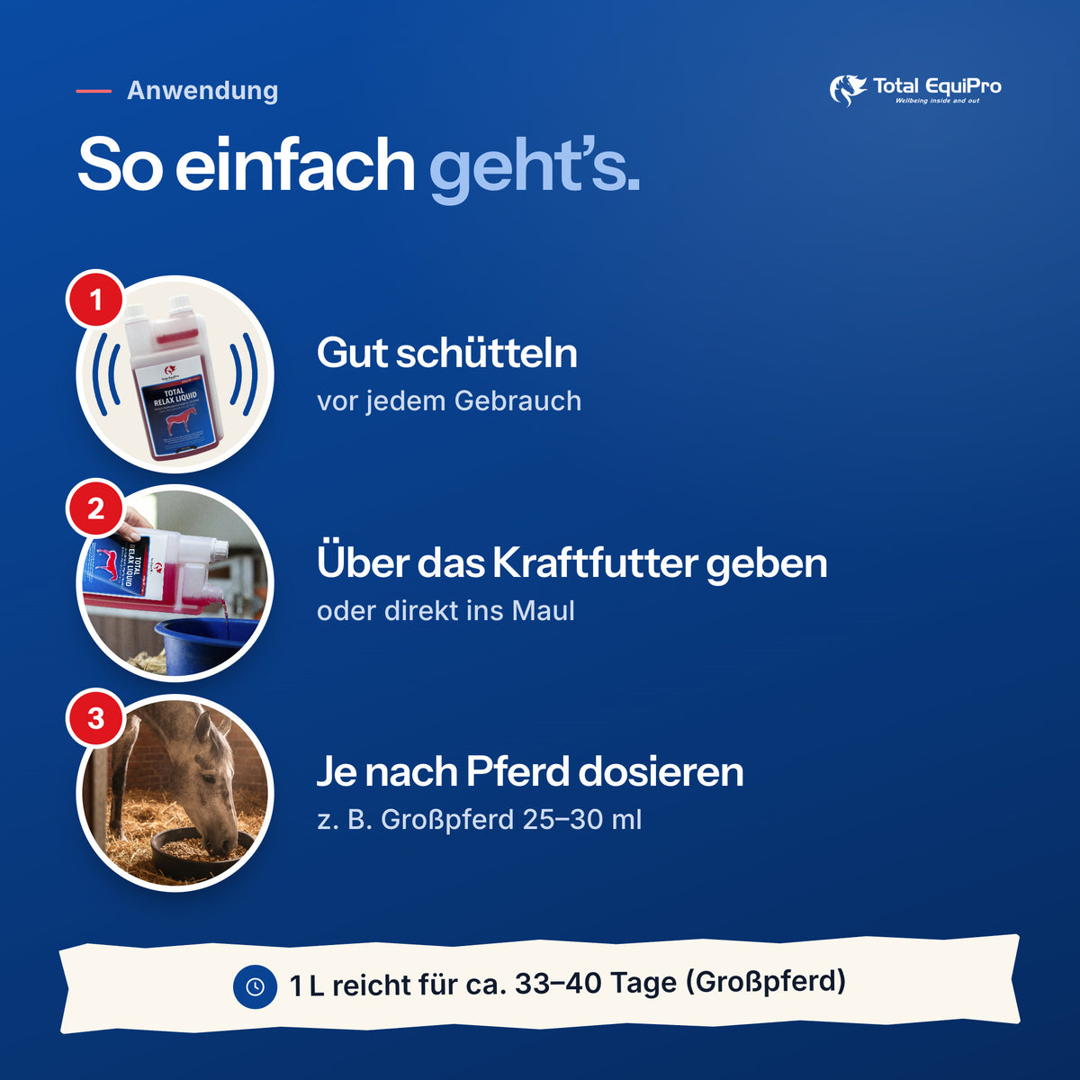 Total Relax Liquid – Anwendung: Gut schütteln, Über das Kraftfutter geben, Je nach Pferd dosieren