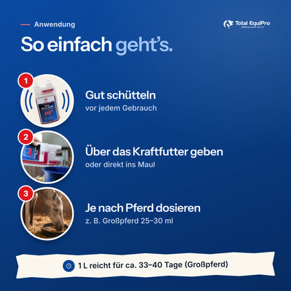 Total Relax Liquid – Anwendung: Gut schütteln, Über das Kraftfutter geben, Je nach Pferd dosieren