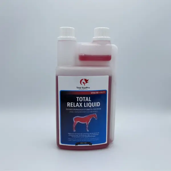 TOTAL Relax Liquid für Pferde – 1 L flüssiges Ergänzungsfutter zur Unterstützung des Nervensystems. Hilft bei Stress, Turnieranspannung & innerer Unruhe – dopingfrei & sofort einsetzbar.